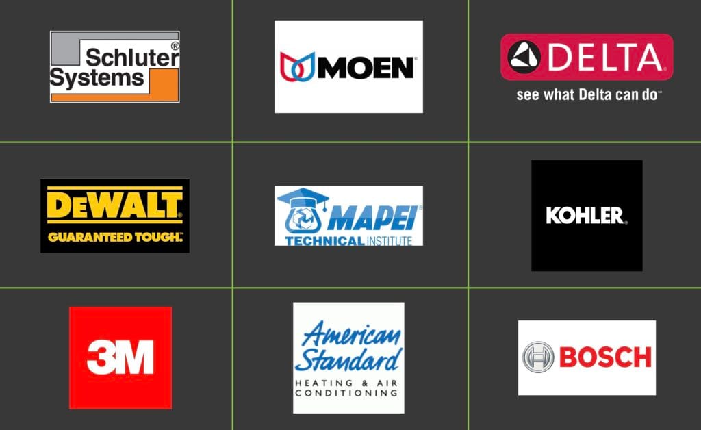 Trusted brands for bathroom remodeling – Schluter, Moen, Delta, Bosch, and more