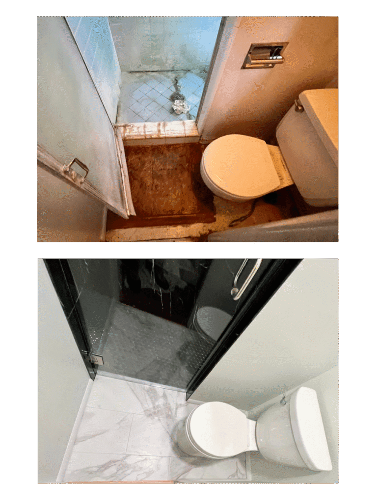 Before and after bathroom transformation showing a severely damaged, mold-stained shower and toilet area rebuilt into a clean, modern space with new waterproofing, tile, shower pan, and fixtures as part of custom bathroom remodeling in Utah.