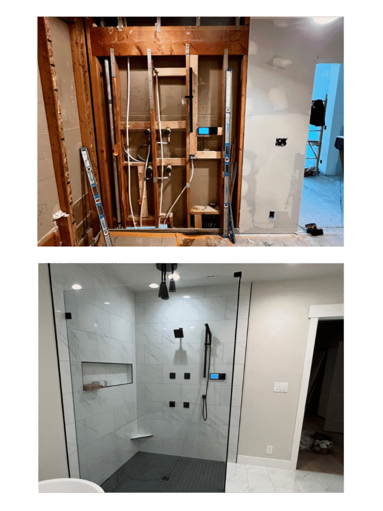 Full shower remodel in Utah – shower torn down to studs and rebuilt with new plumbing, upgraded waterproofing, modern fixtures, and large-format white tile as part of custom bathroom remodeling in Utah.