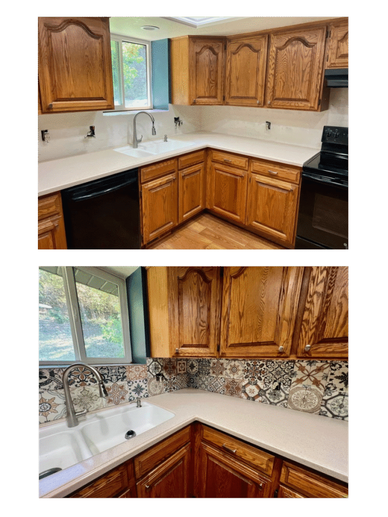 Kitchen remodel before and after with newly installed patterned tile backsplash behind a white sink and wooden cabinets, completed as part of custom remodeling work in Utah.