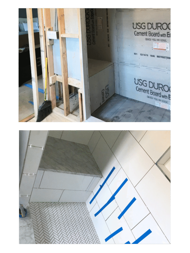 Tile installation with herringbone floor and wall layout.