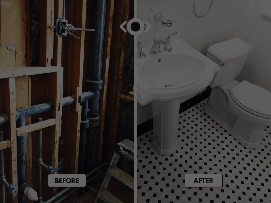 Before and after full bathroom remodel with vintage fixtures and black and white checkered tile floor in Salt Lake City, Utah