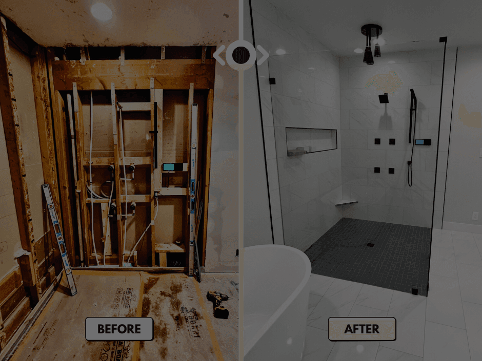 Before and after full bathroom remodel with custom walk-in shower, taken down to the studs and rebuilt in Salt Lake City, Utah